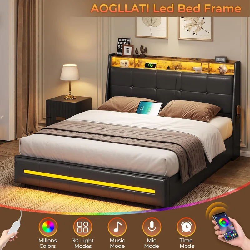 LED Upholstered Platform Bed Frame with 4 Storage Drawers and Storage Headboard - Image 3