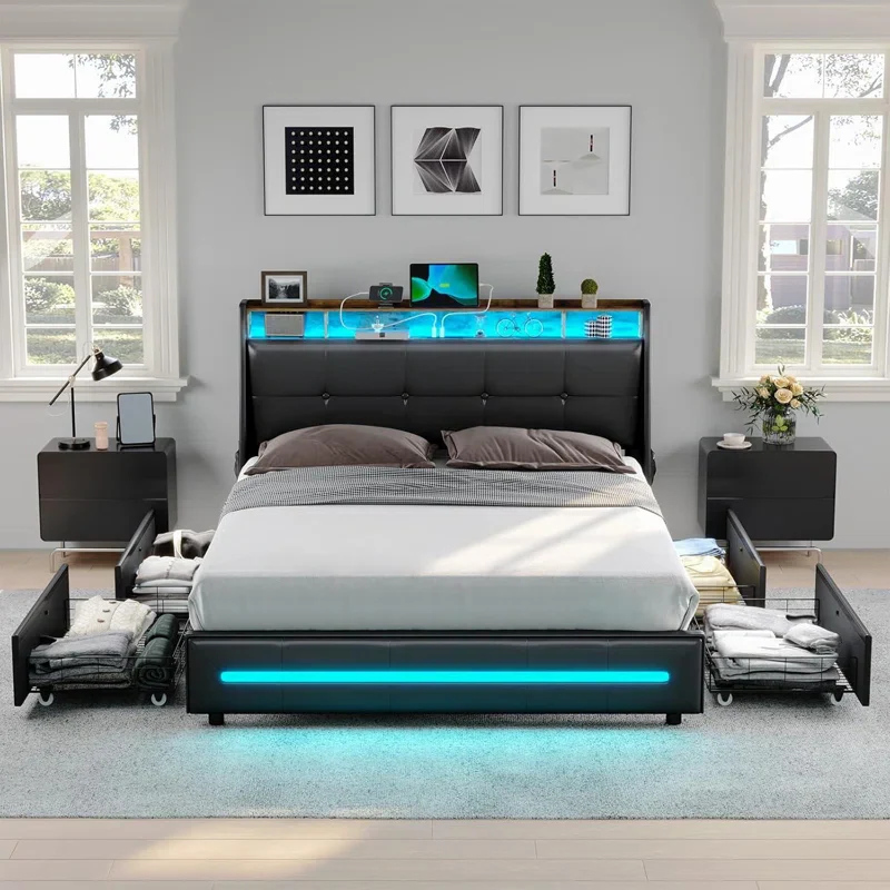 LED Upholstered Platform Bed Frame with 4 Storage Drawers and Storage Headboard - Image 4