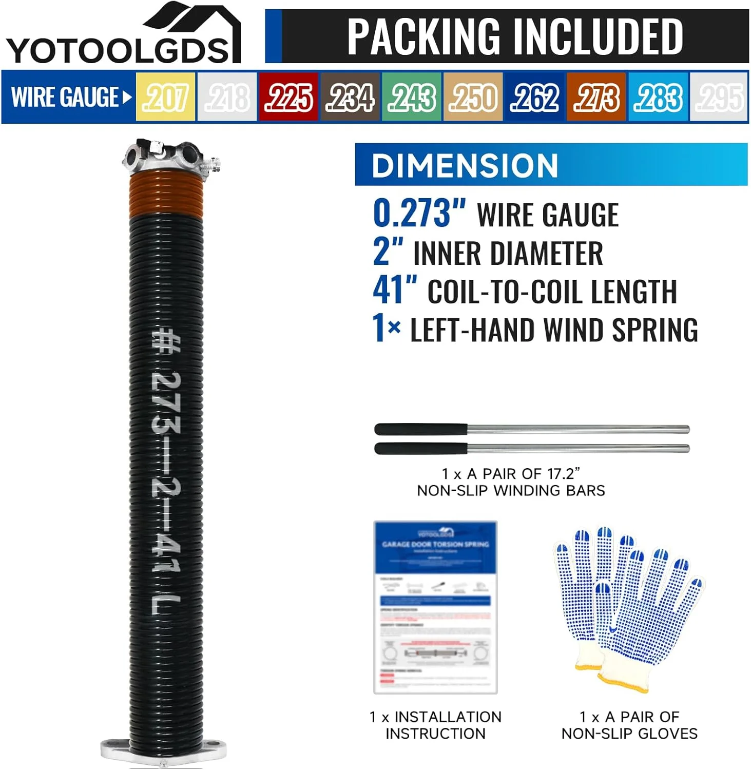 Left Hand Wind（Black Cone）Garage Door Torsion Spring with Non-Slip Winding Bars & Gloves, High Precision Electrophoresis Black Coated - Image 5