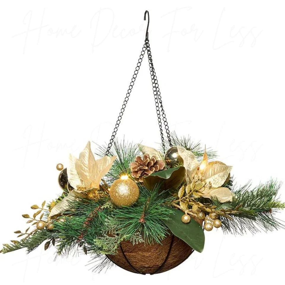 Lighted LED Christmas Cream Poinsettia Berries Winter Pine Hanging Basket final cut - Image 3