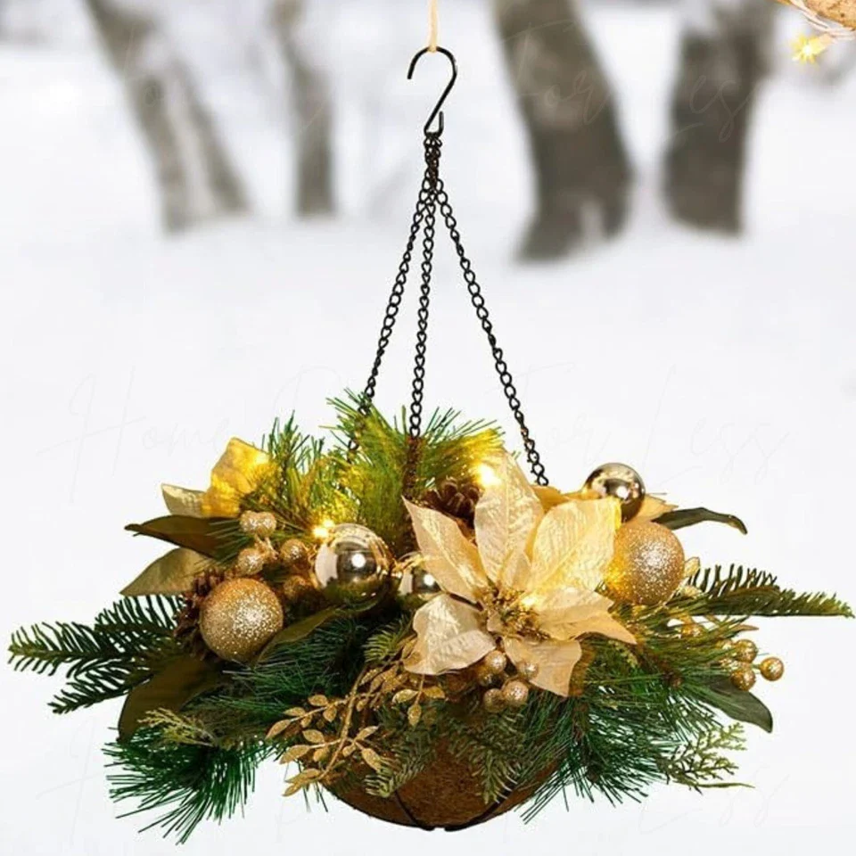 Lighted LED Christmas Cream Poinsettia Berries Winter Pine Hanging Basket final cut - Image 4