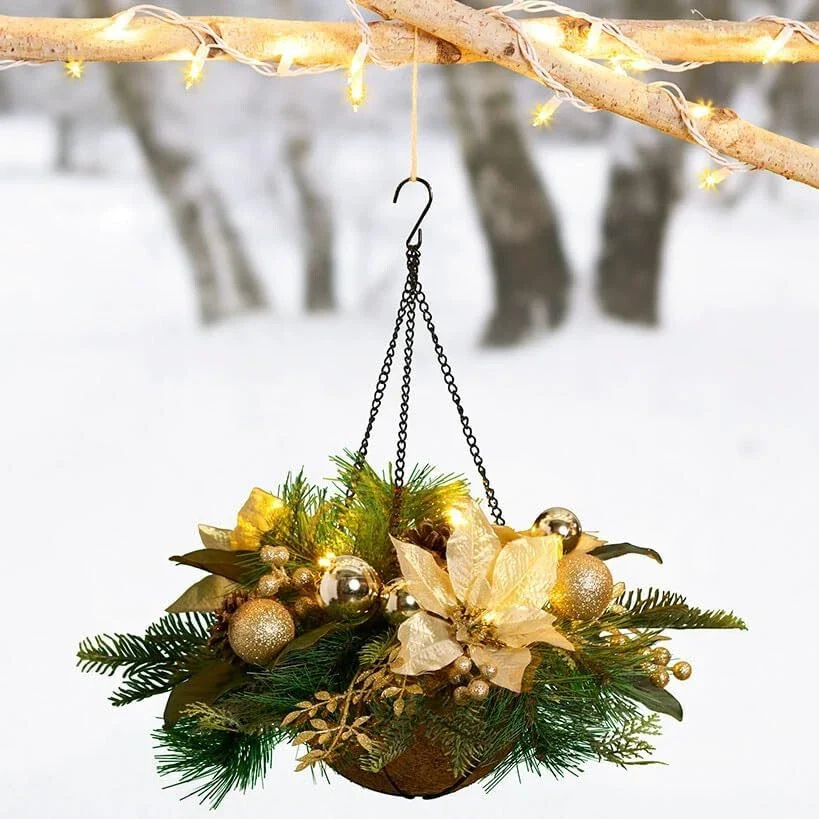 Lighted LED Christmas Cream Poinsettia Berries Winter Pine Hanging Basket final cut - Image 5