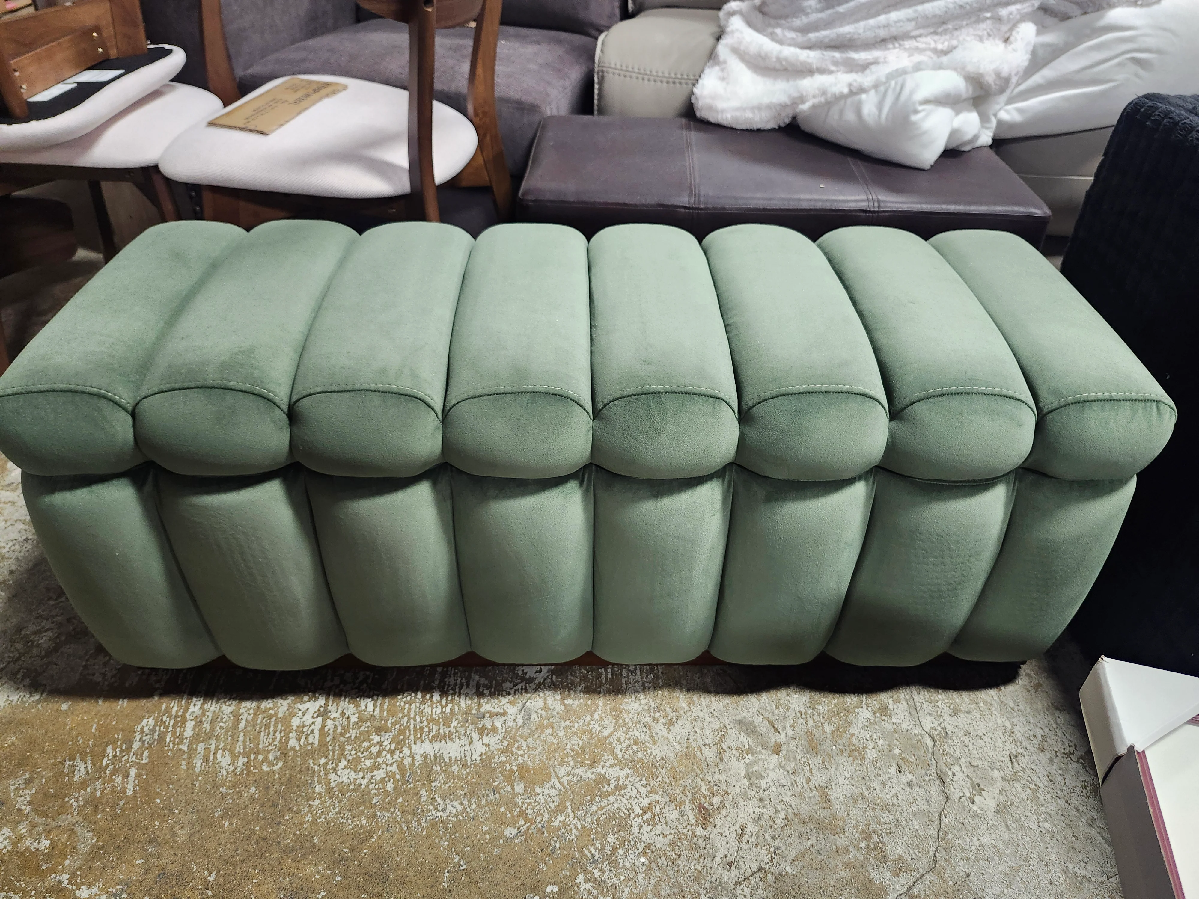 Lillian Channel Tufted Bench, Olive Velvet SHOWROOM ITEM - Image 2