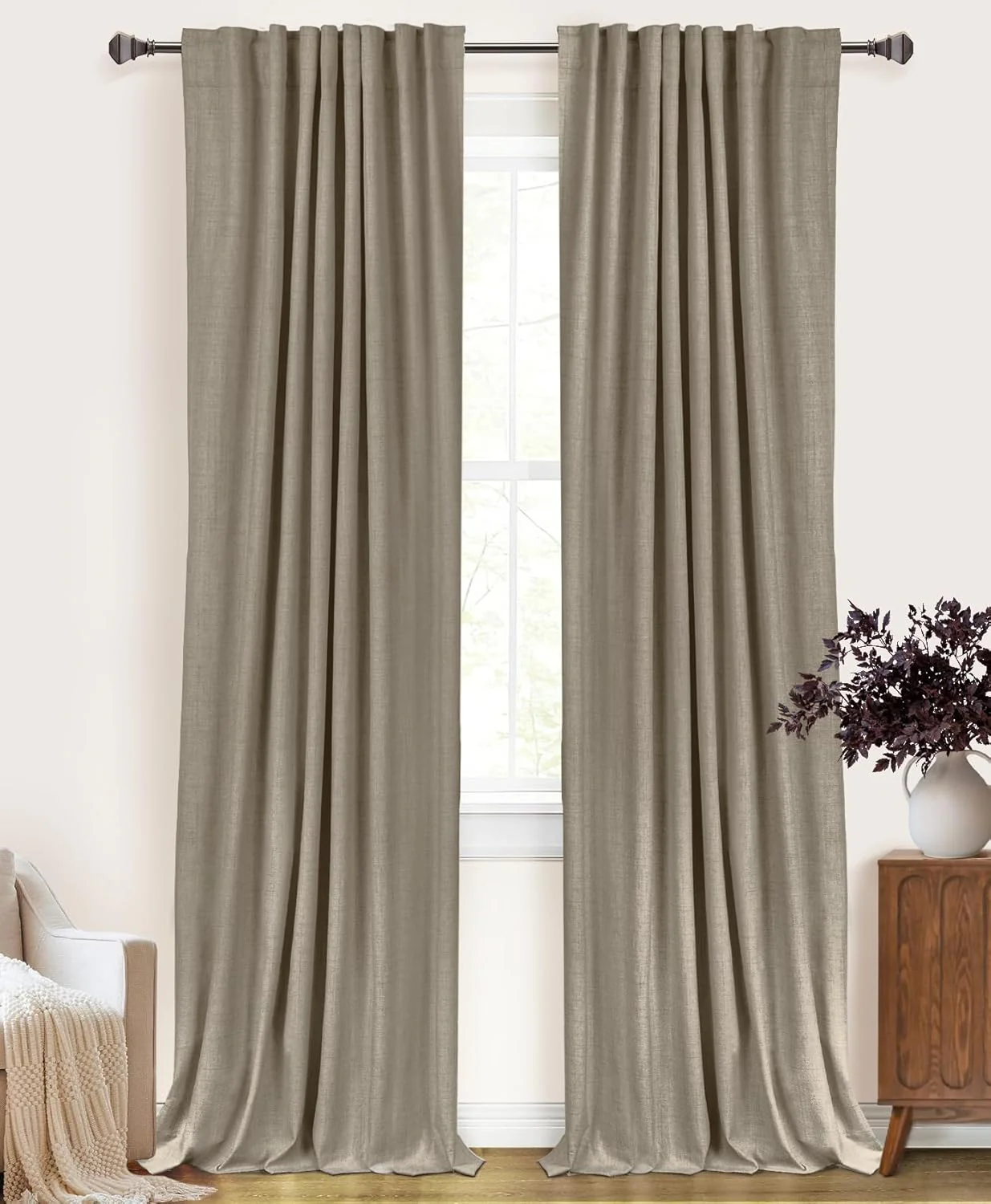 Linen Blackout Curtains for Bedroom, Back Tab/Rod Pocket 2 Panels