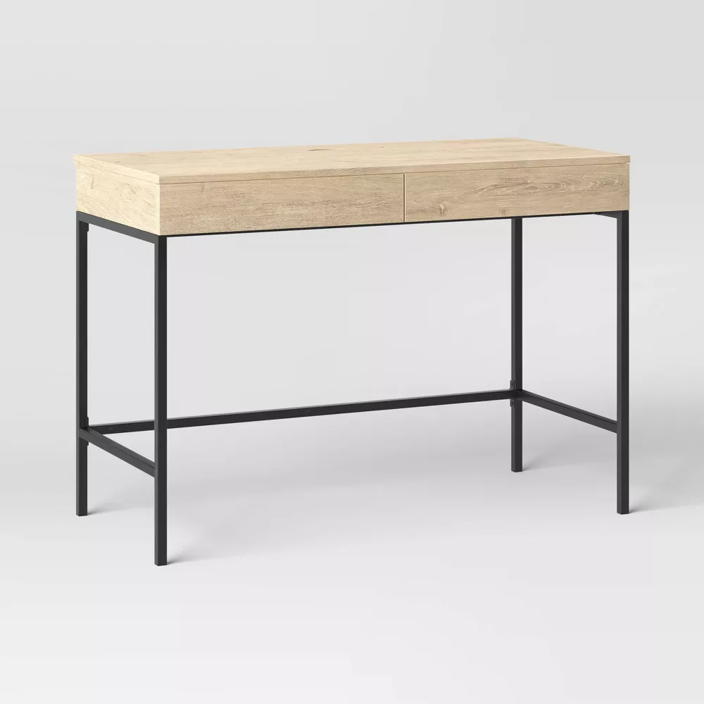 Loring Wood Writing Desk with Drawers and Charging Station Oak