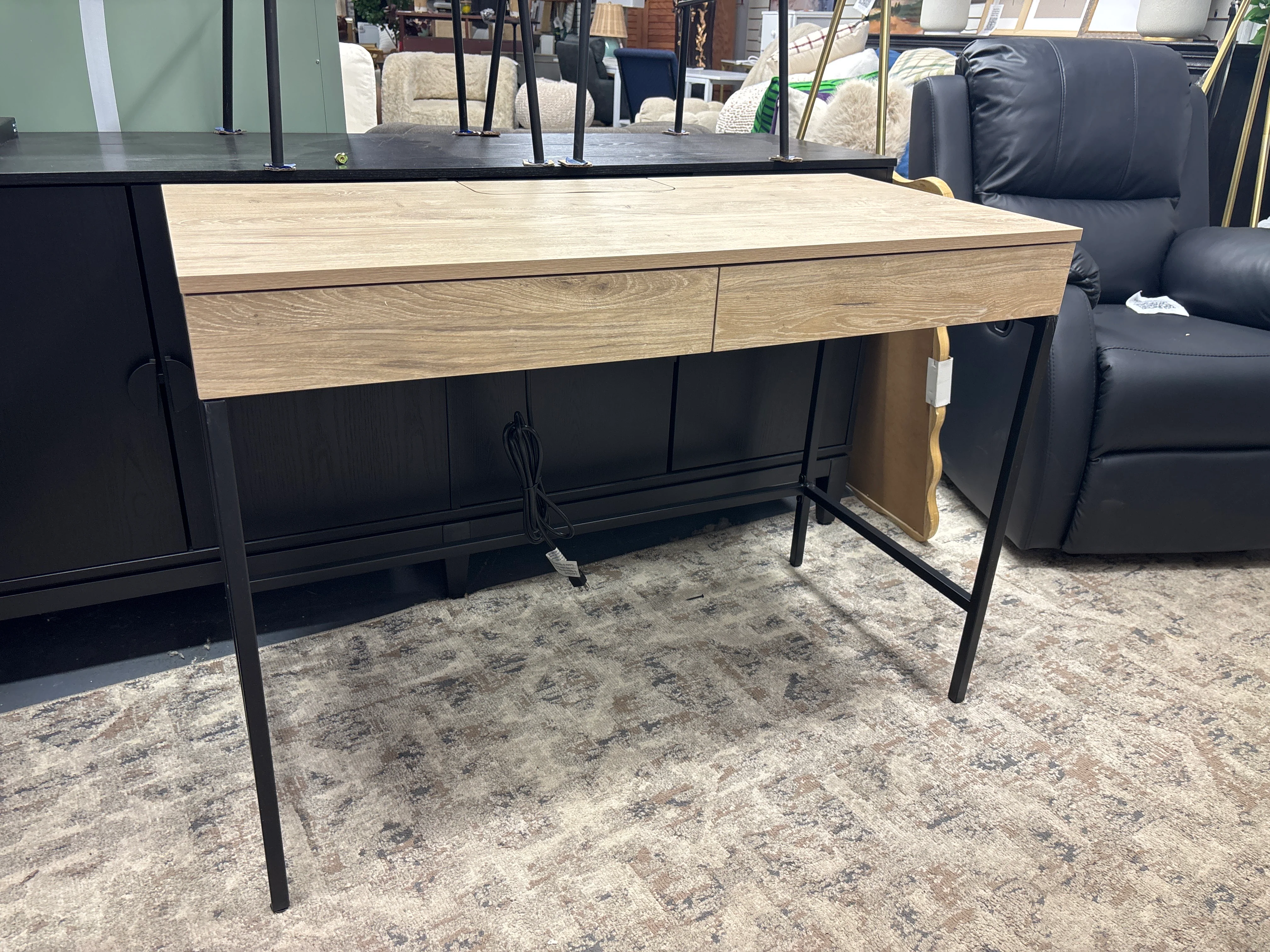 Loring Wood Writing Desk with Drawers and Charging Station - Oak SHOWROOM ITEM - Image 2