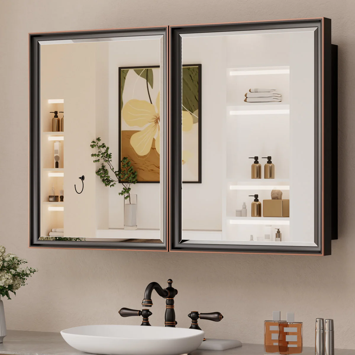 Lunara Recessed & Surface Framed 2 Door Medicine Cabinet with Mirror and Shelves