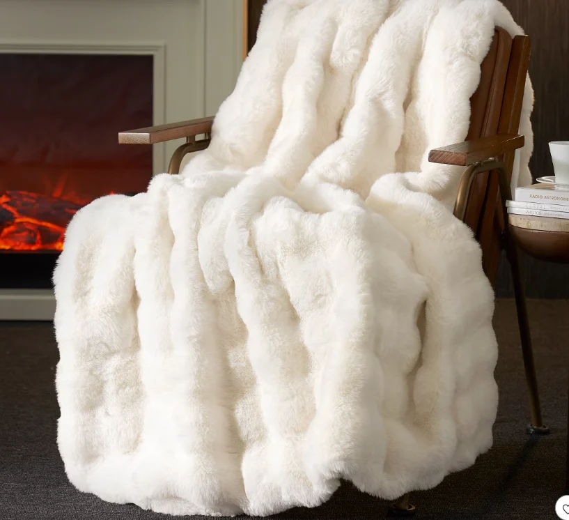Luxe Faux Fur Throw Blanket Cozy Bubble Texture for Sofa, Bedroom, or Living Room, Cream White-Amelie Home SHOWROOM ITEM