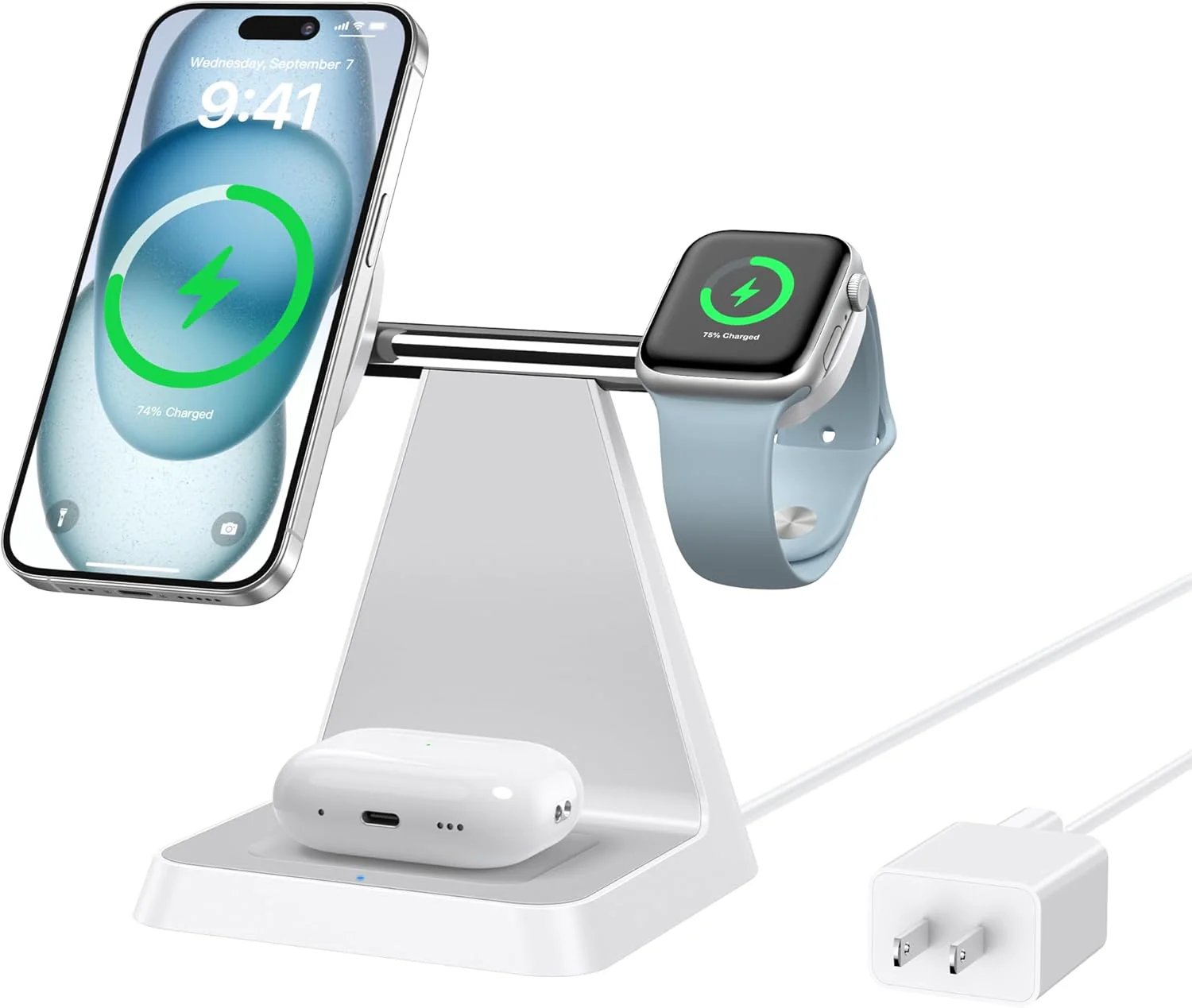 Magnetic Wireless Charger for iPhone - 3-in-1 Fast Charging Station (White)