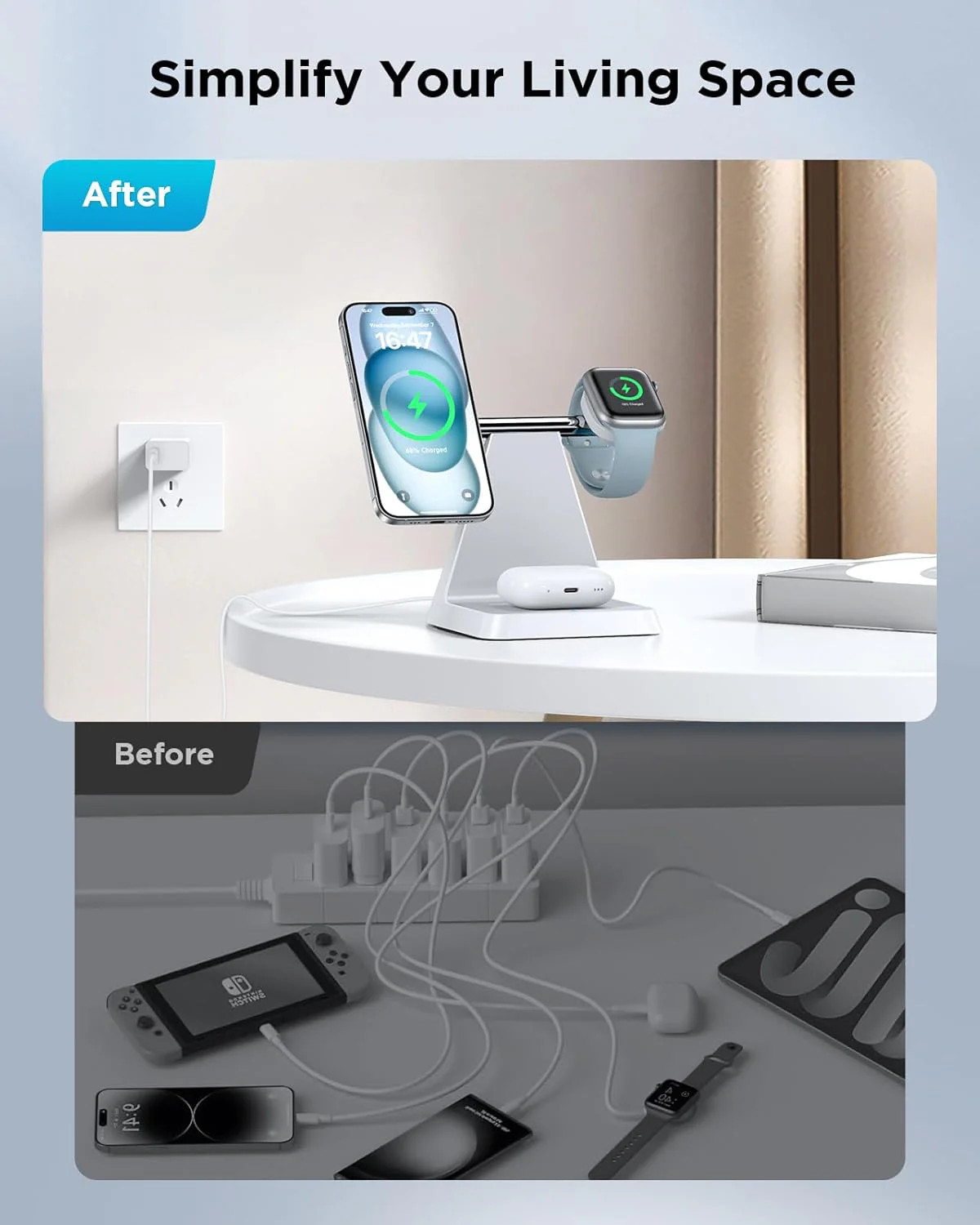 Magnetic Wireless Charger for iPhone - 3-in-1 Fast Charging Station (White) - Image 3