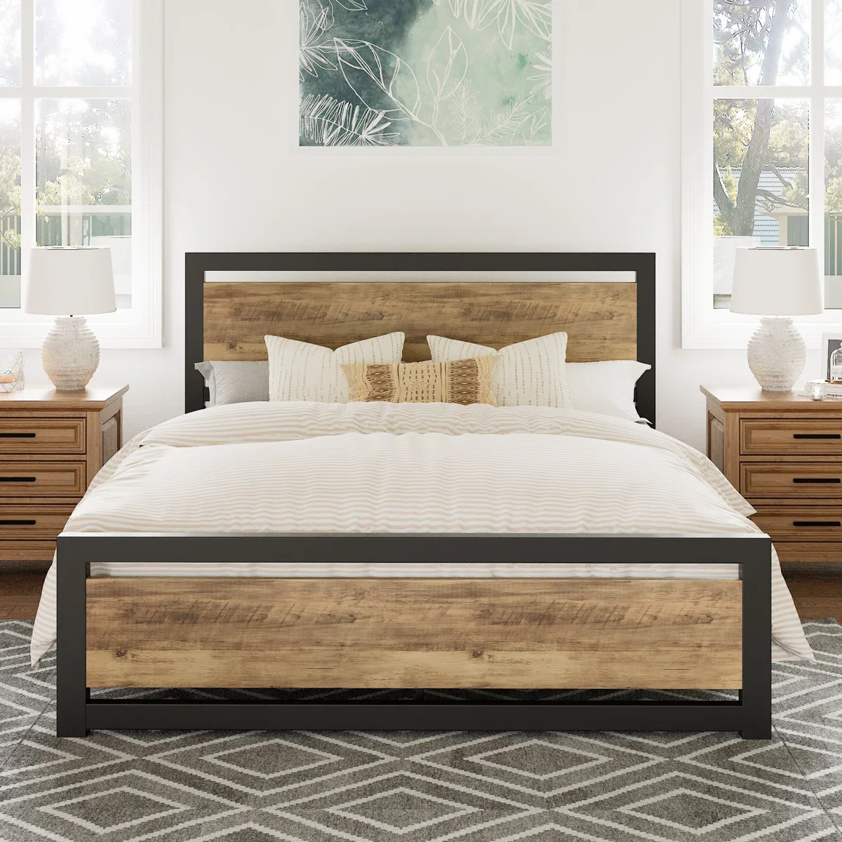 Marilee Wood and Black Metal Frame Bed with Headboard - Queen