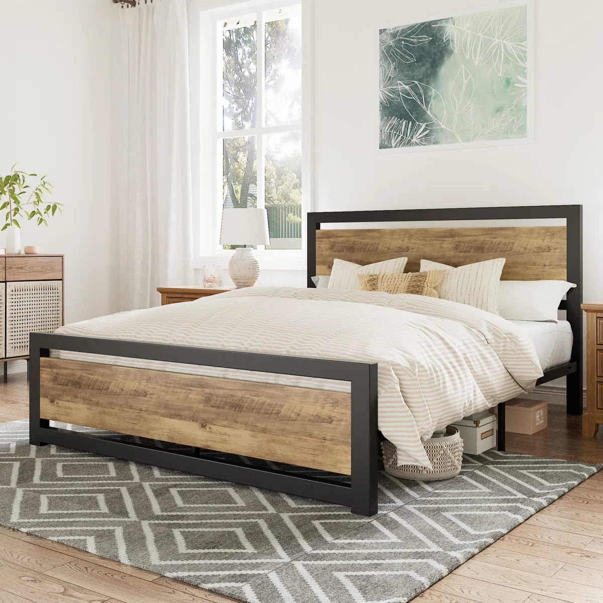Marilee Wood and Black Metal Frame Bed with Headboard - Queen - Image 3