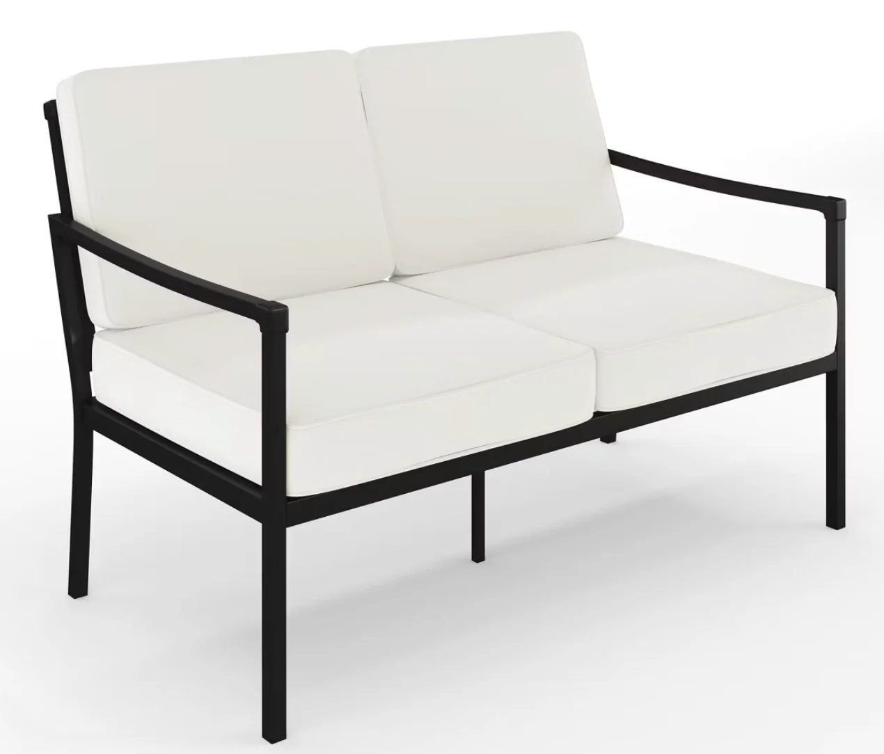 Martha Stewart Lily Pond Indoor-Outdoor Patio Loveseat with Steel Frame in Black with Cream All-Weather Cushions SHOWROOM ITEM