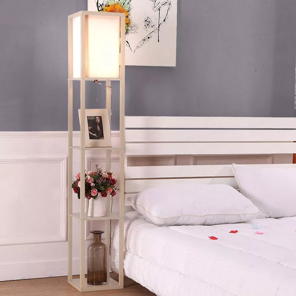 Maxwell Mid-Century Column Shelf Floor Lamp Polished Rustic Wood - Image 2