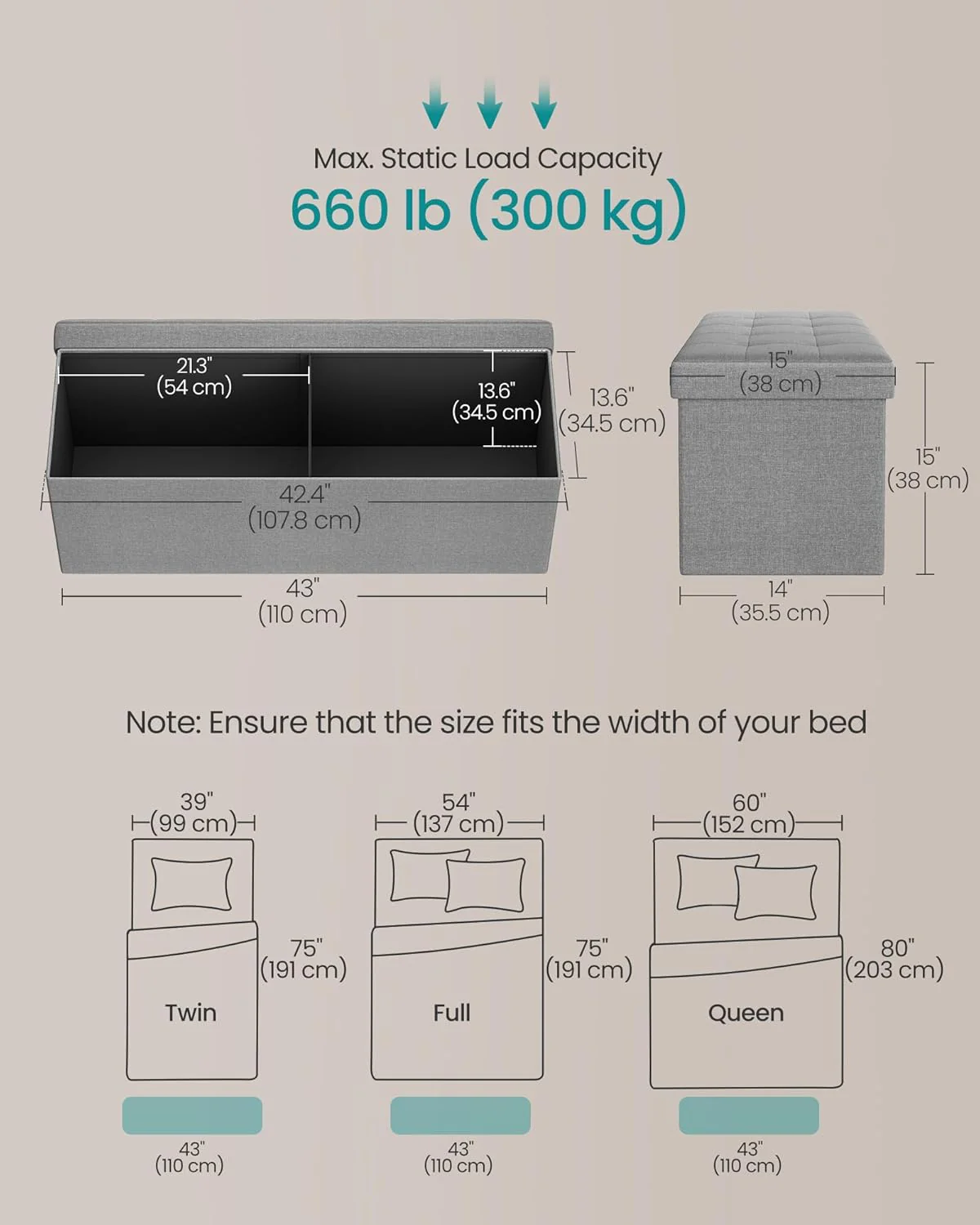 MAZIE Collection - Folding Storage Ottoman Bench, Ottoman Foot Rest, End of Bed Bench, Storage Chest, Light Gray - Image 3