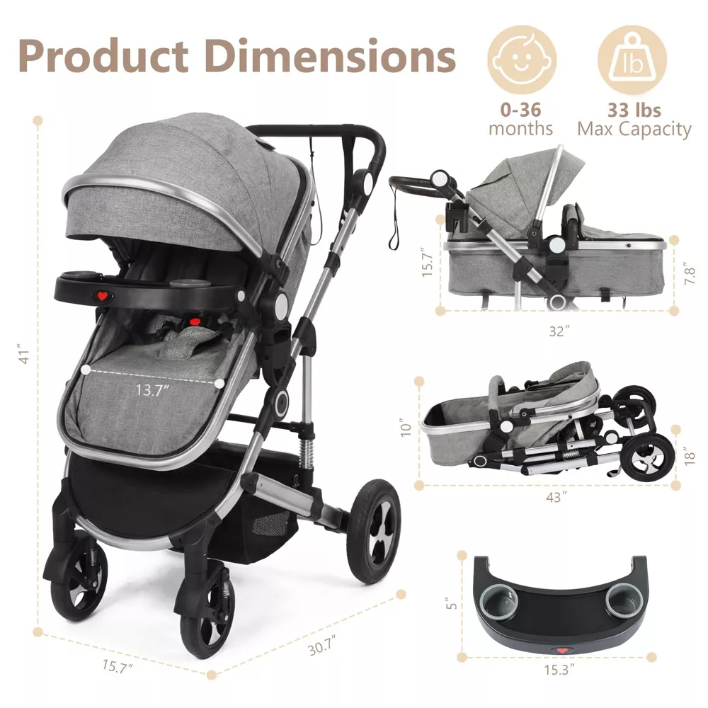 Meno 3 in 1 Reversible Baby Stroller w/Detachable Tray Dark Grey, - Image 2