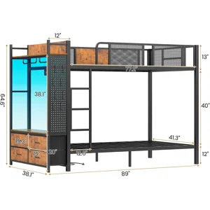 Metal Bunk Bed Twin Over Twin With Hall Tree, Power Outlet, Led