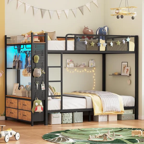 Metal Bunk Bed Twin Over Twin With Hall Tree, Power Outlet, Led - Image 2