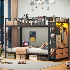 Metal Bunk Bed Twin Over Twin With Hall Tree, Power Outlet, Led - Image 5