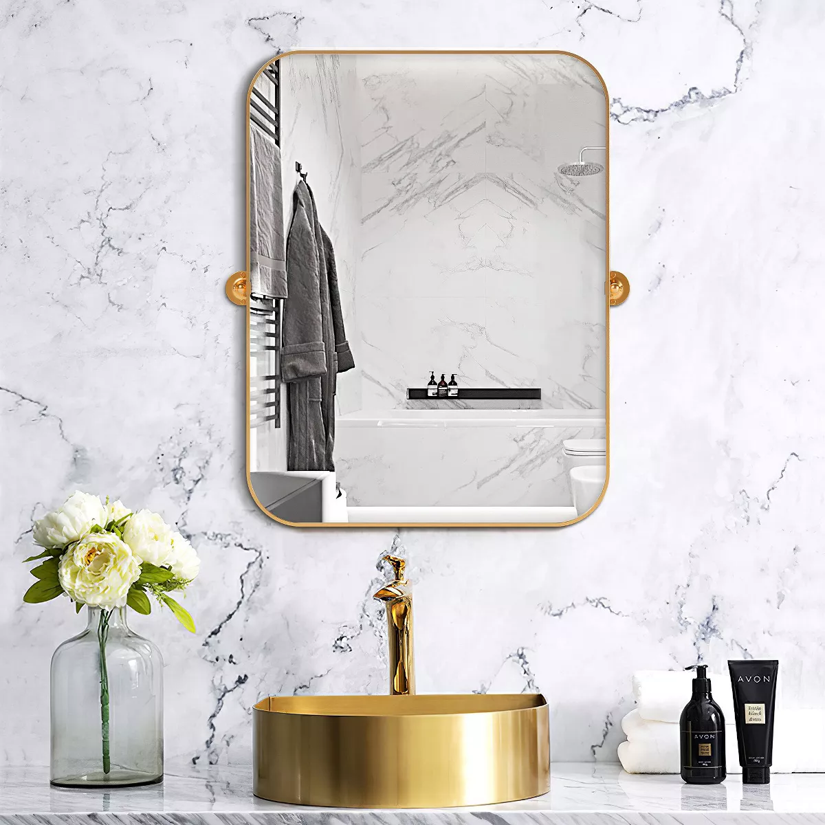 Metal Framed Pivoted Bathroom Wall Vanity Mirror Adjustable Wall-Mounted