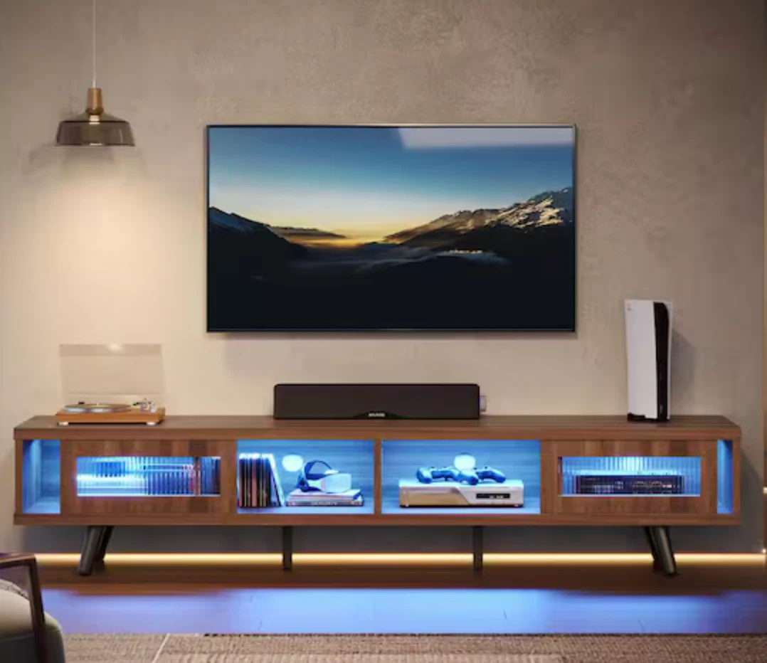 Mid-century TV Stand Fits TV up to 75 in. with LED Light Sliding Door and 4 Open Shelves