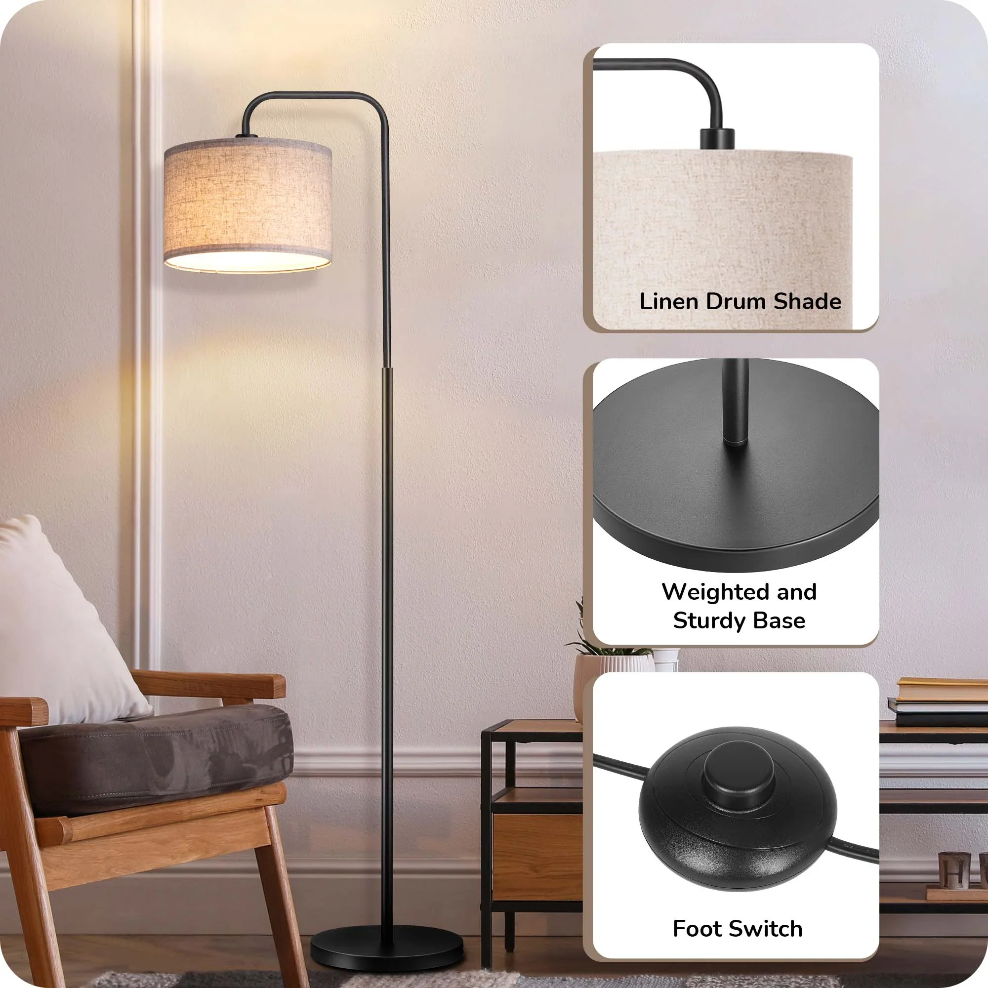 Modern Arc Floor Lamp with Remote Control Metal Dimmable Pole Lamp with Shade - Image 2