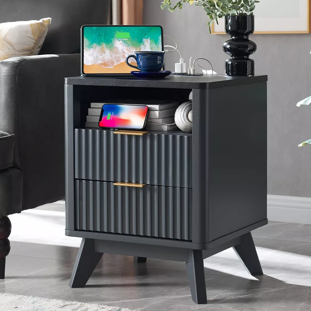 Modern Fluted Nightstand with Charging Station