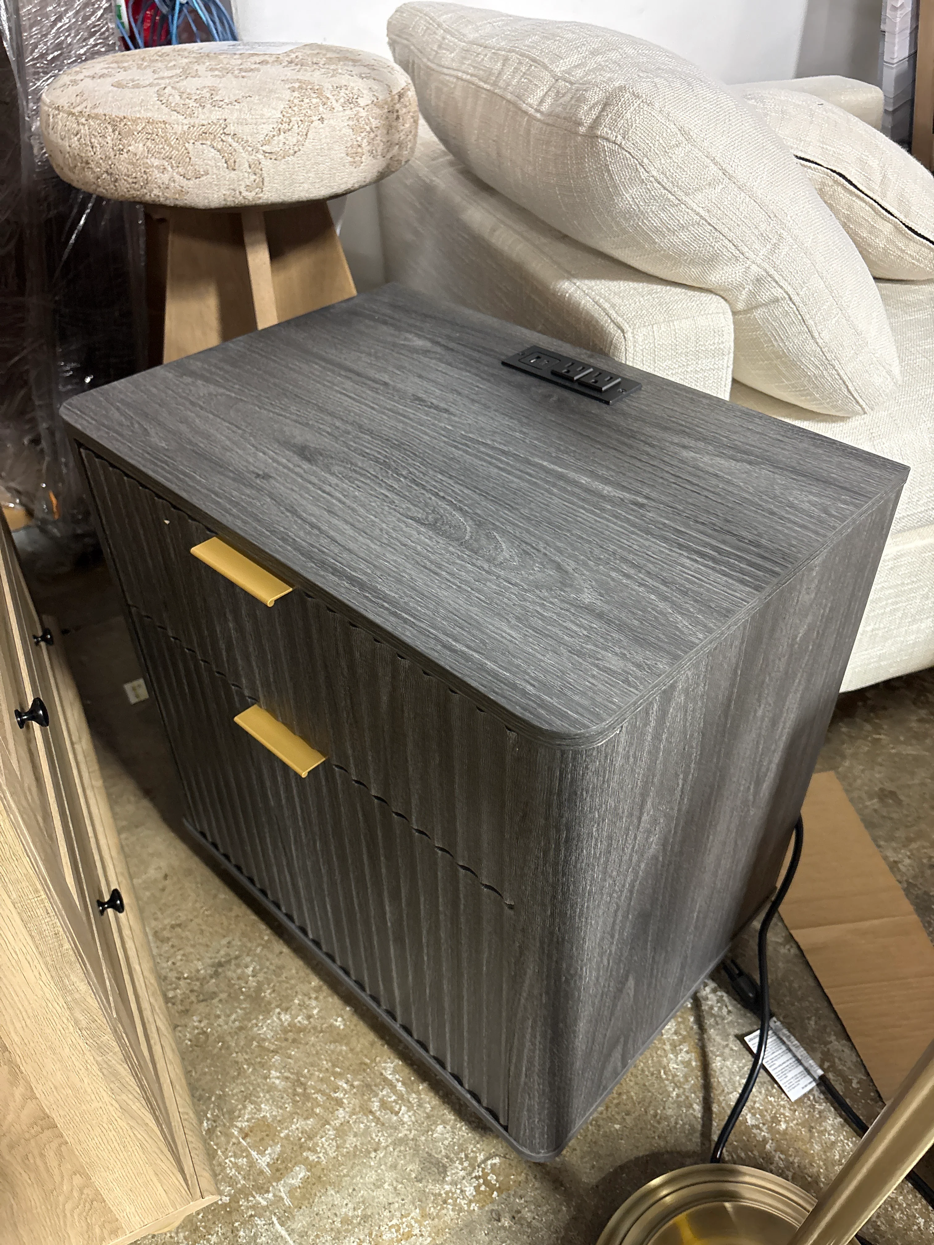 Modern Fluted Nightstand with Charging Station, 2 Drawer Bedside Table SHOWROOM ITEM - Image 2