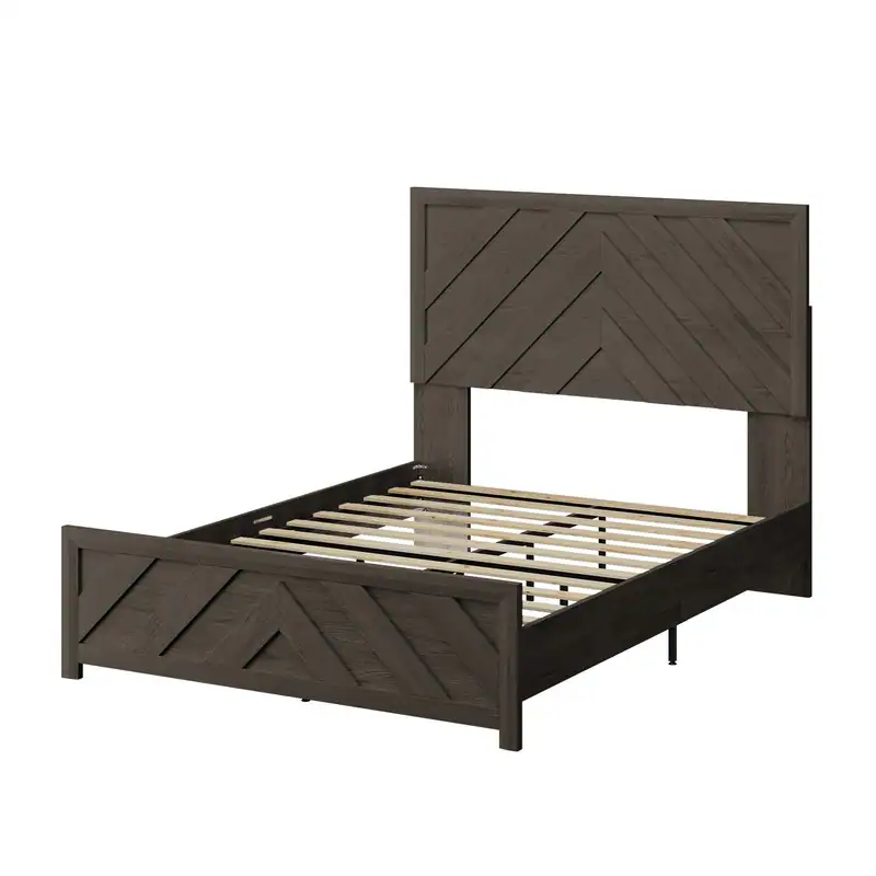 Modern MDF Bed Frame with Diagonal Striped Design - Brown