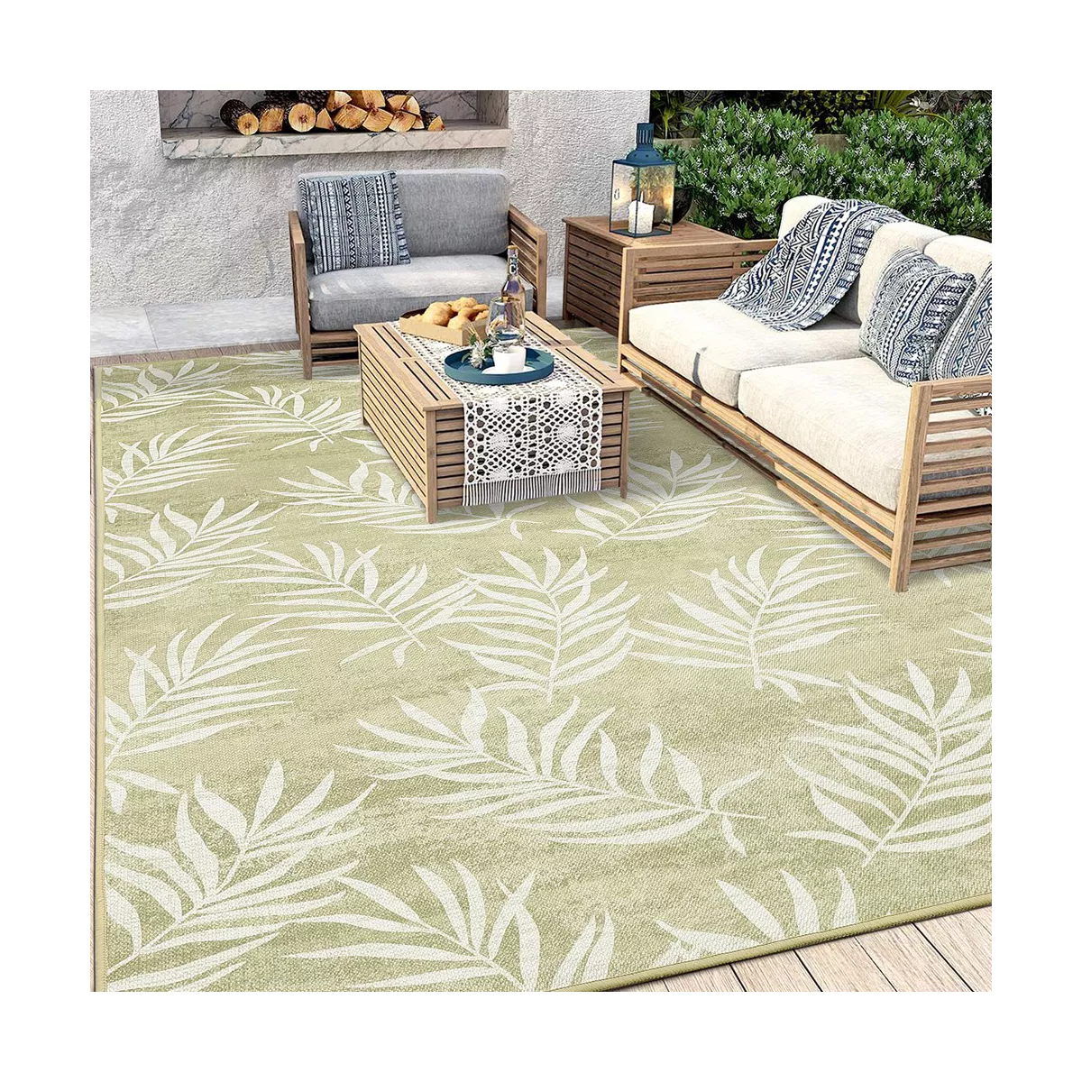 Modern Outdoor Rug, Washable Indoor/Outdoor Area Rug With Tropical Leaf Pattern, Non-Shedding, Pet & Kid-Friendly Carpet 9x12 - Image 2