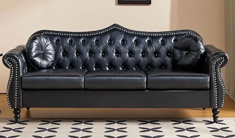 Modern PU Tufted Couch 3 Seater with Rolled Arms and Nailhead, Deep Button Nailhead Tufted Black Upholstered Couches, Roll Arm Classic Tufted Chesterfield Settee Leather Sofa for Living Room (Black) SHOWROOM ITEM