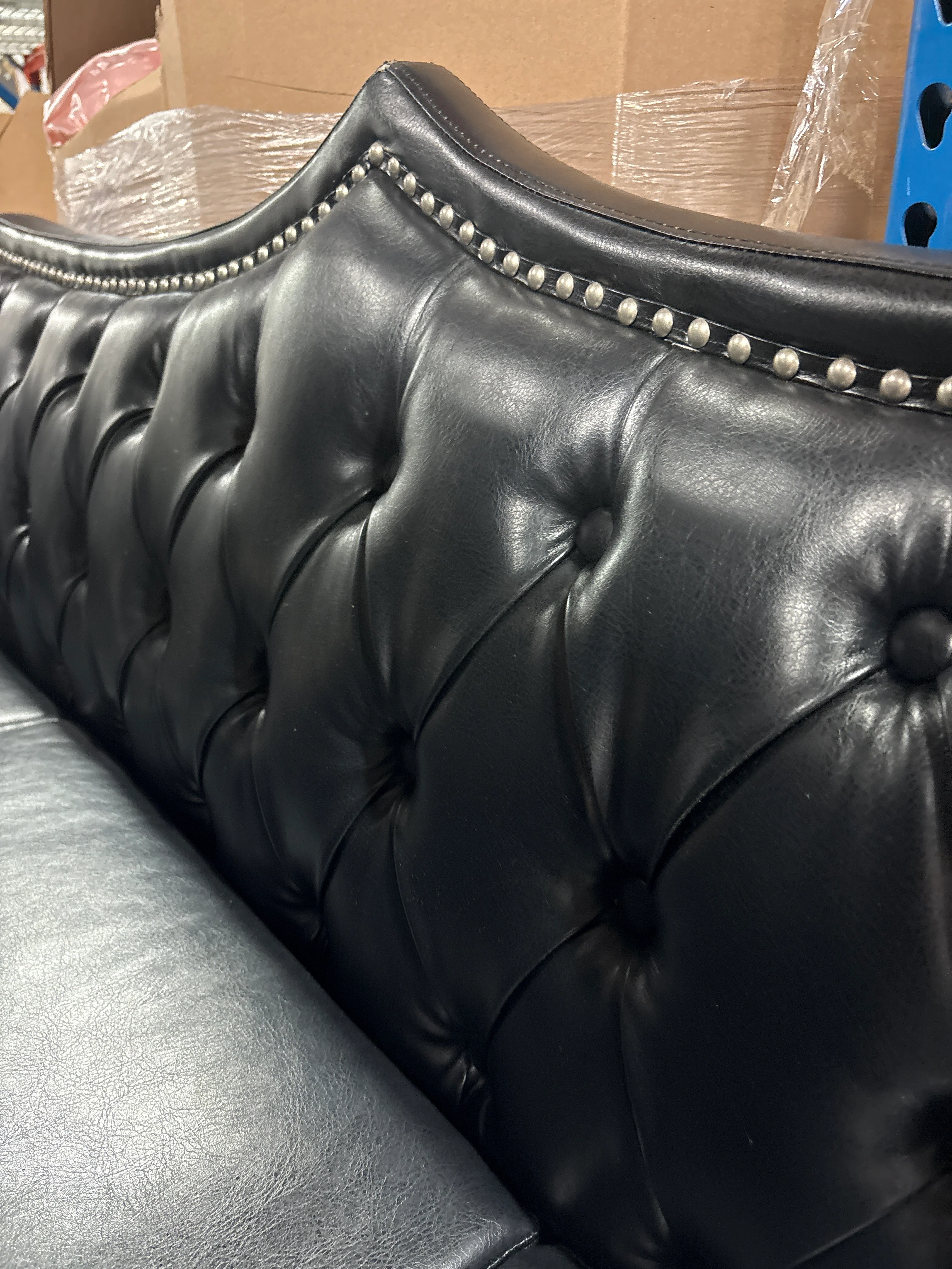 Modern PU Tufted Couch 3 Seater with Rolled Arms and Nailhead, Deep Button Nailhead Tufted Black Upholstered Couches, Roll Arm Classic Tufted Chesterfield Settee Leather Sofa for Living Room (Black) SHOWROOM ITEM - Image 3