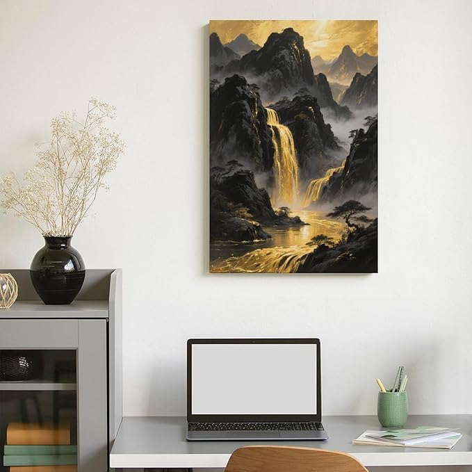 Mountain Pictures Poster Black and Gold Waterfall - Image 3