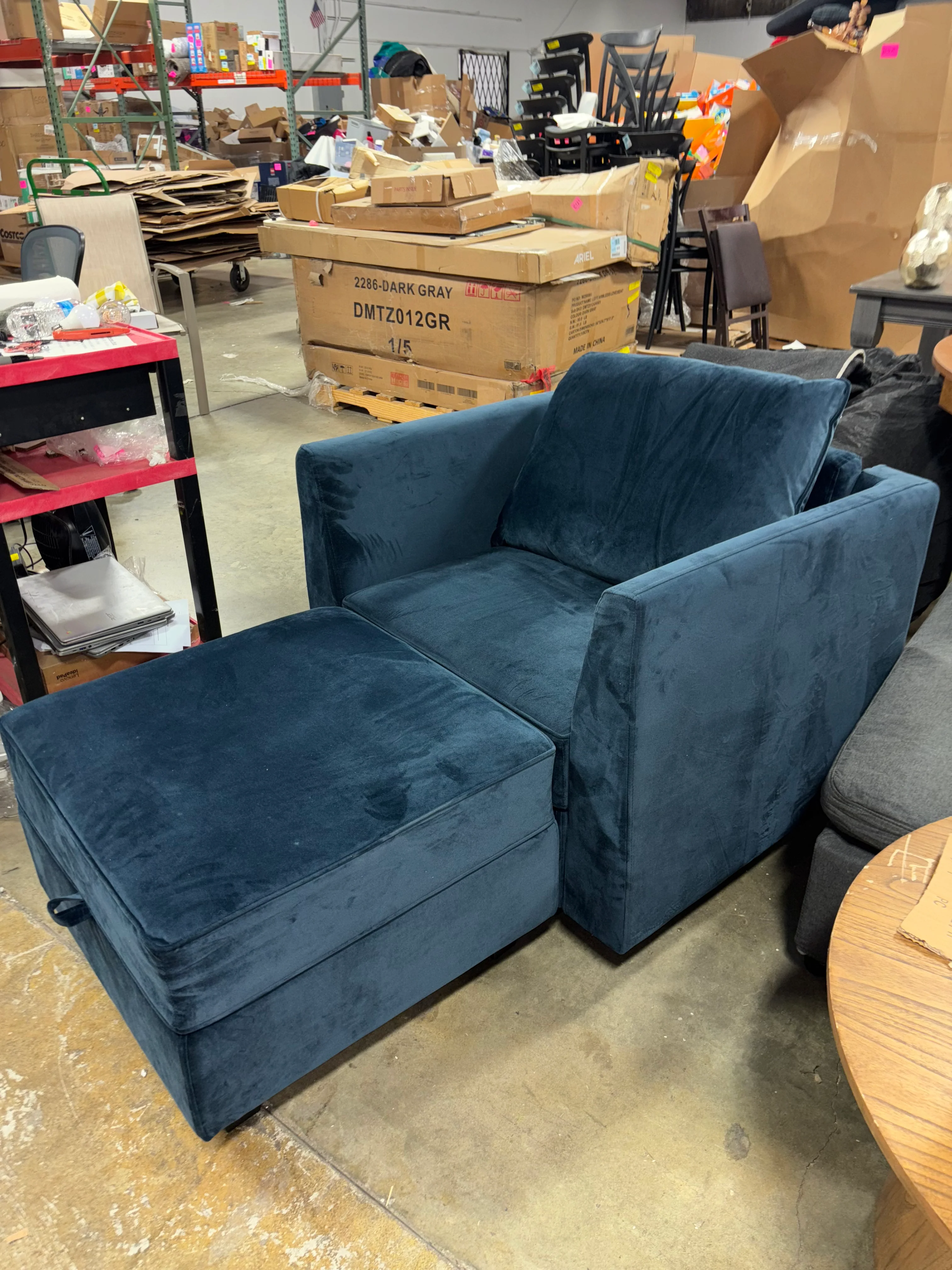 Navy Convertible Velvet Chair with Storage Ottoman SHOWROOM ITEM - Image 4