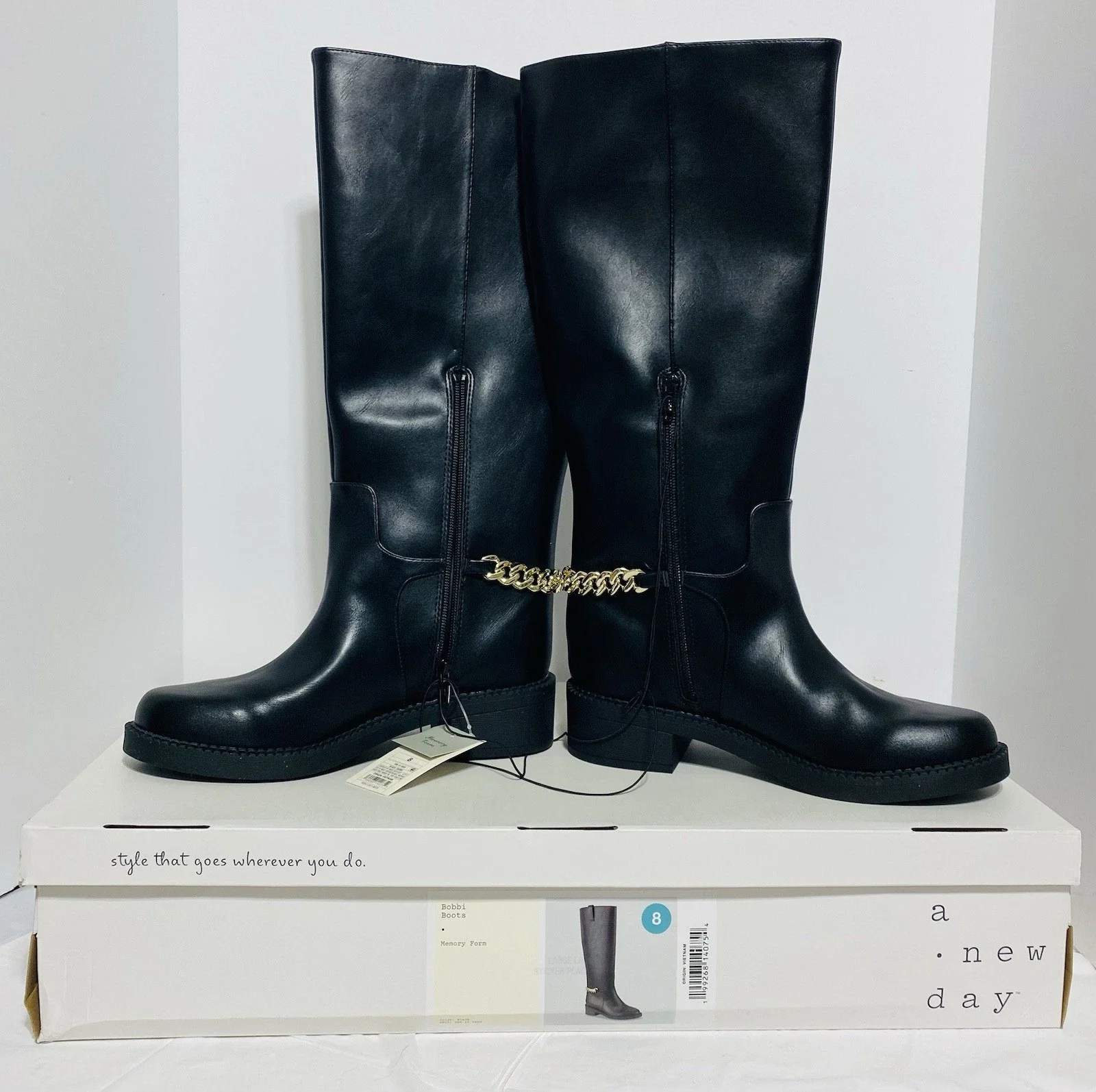 A New Day Women’s Bobbi Boots Knee High Black Gold Chain Memory Foam Insole - Image 4