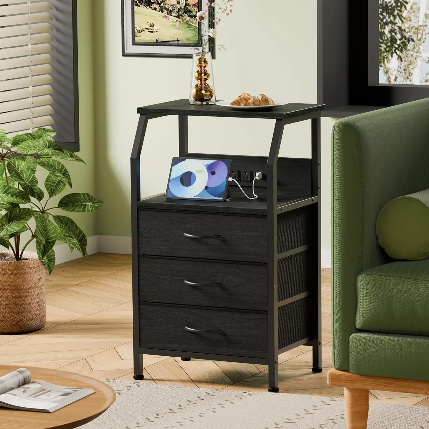 Night Stand with Charging Station, Black Oak - Image 2
