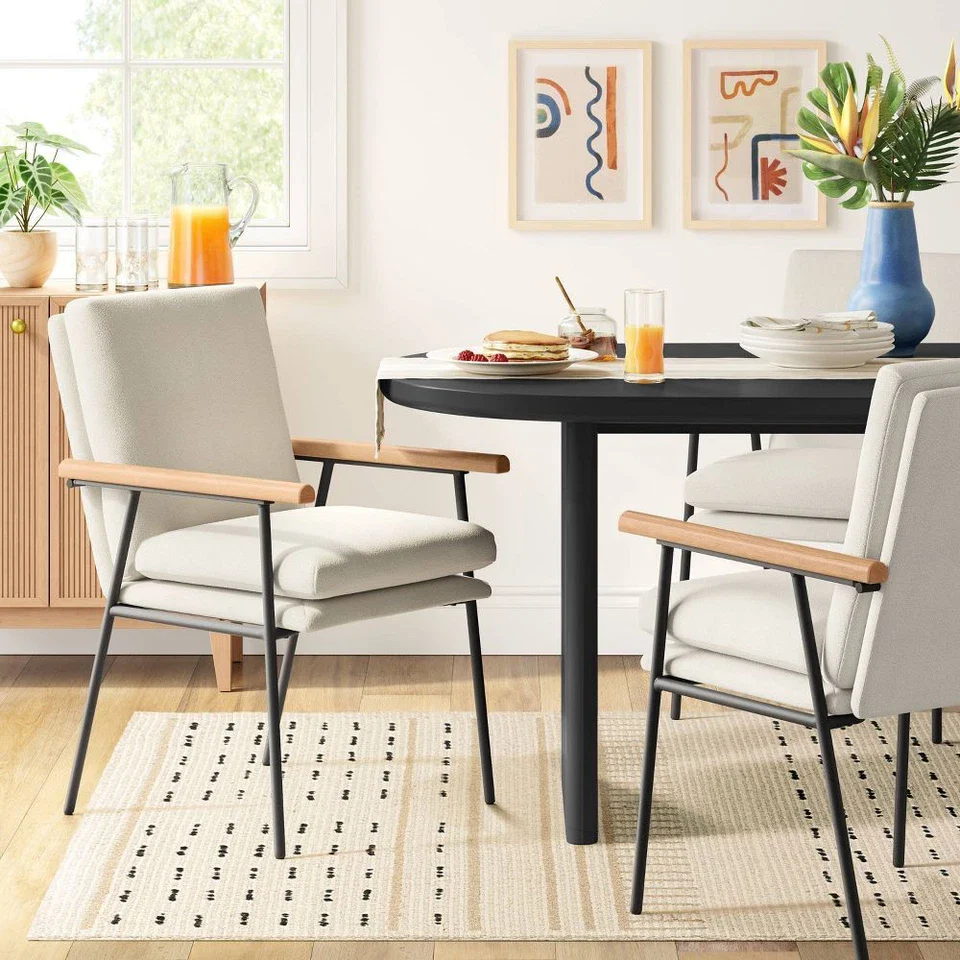 No back cushioned Lewes Wood Arm Upholstered Dining Chair with Metal Legs - Image 2
