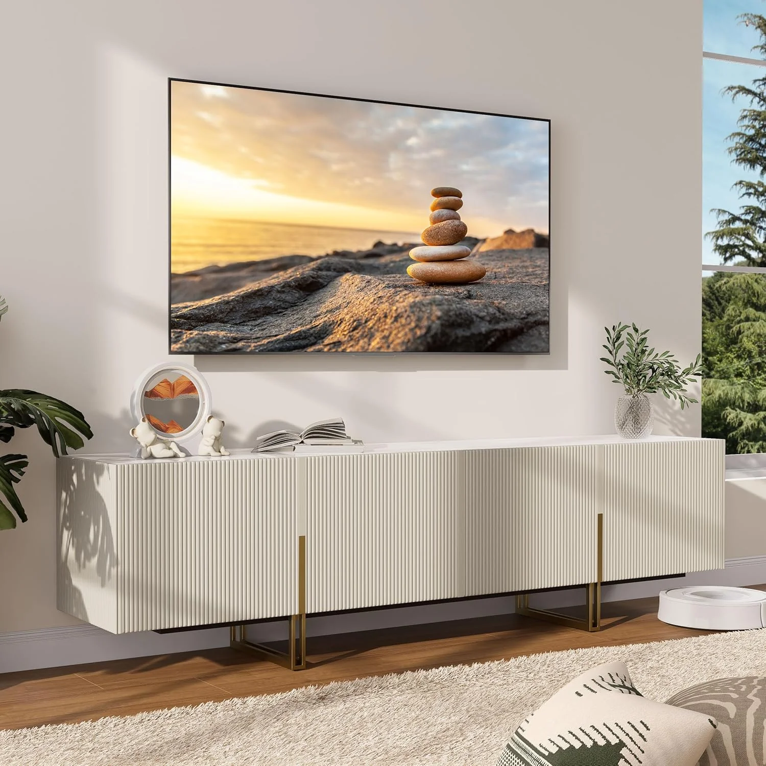 Entertainment Center with Sintered Stone Top & Slatted Doors, Off White