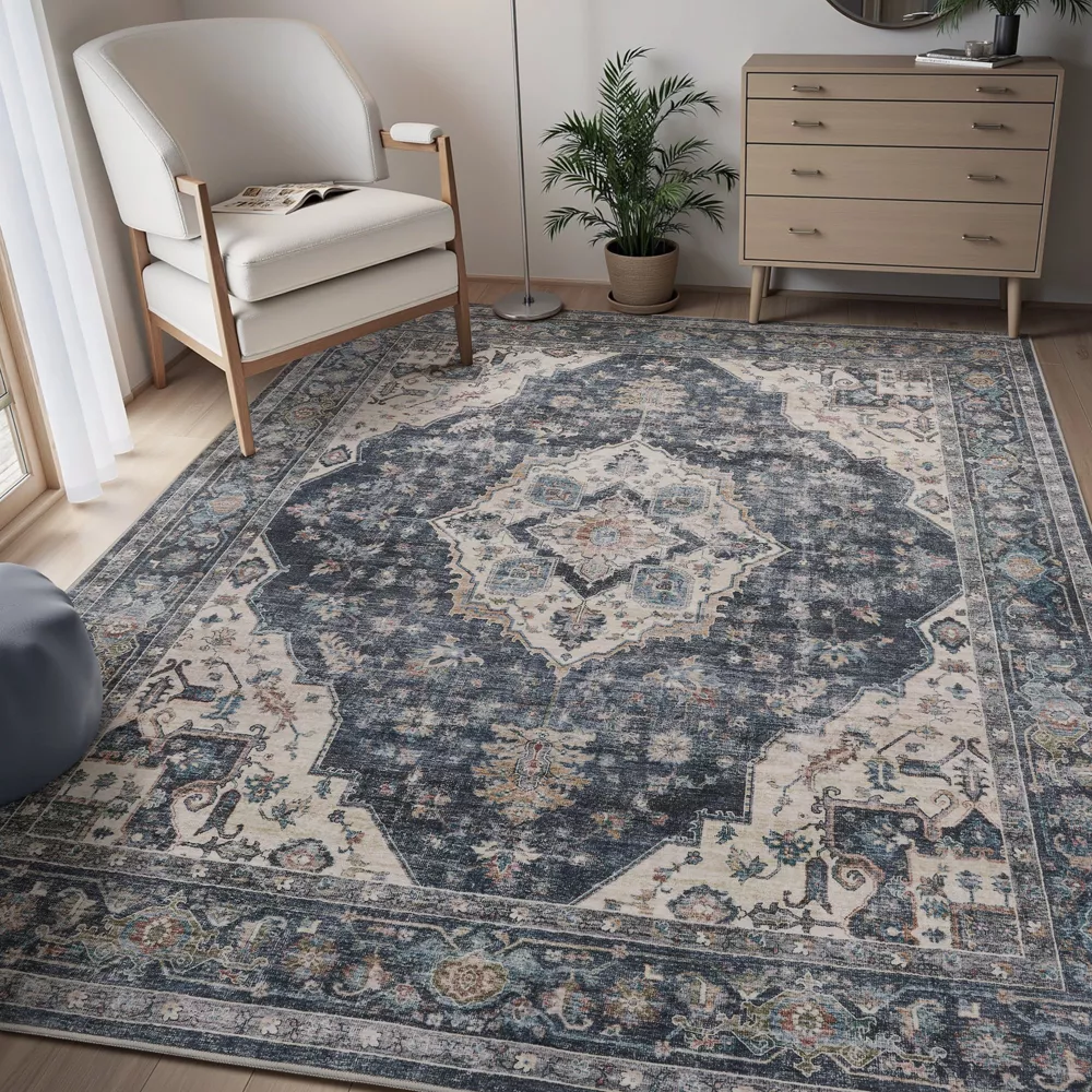 Oriental Machine Washable Area Rug Navy 8'x10', - Image 4