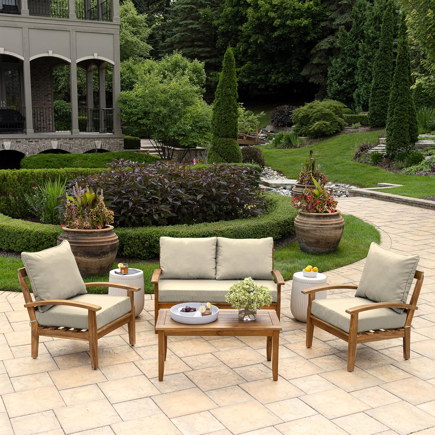 Outdoor Loveseat Cushion Set Tan Leala - Image 4