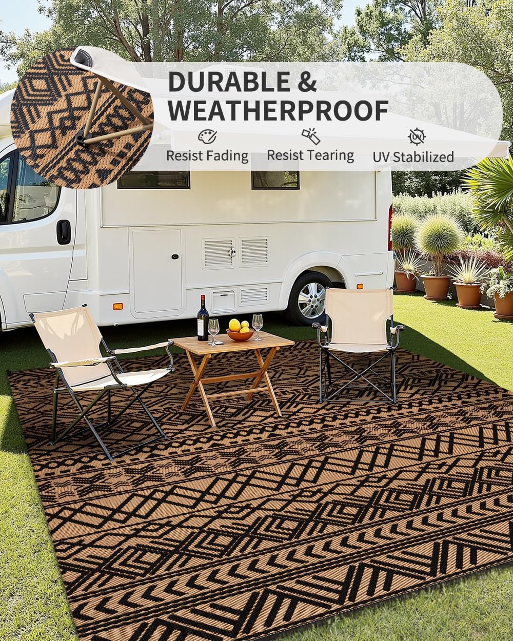 Waterproof Patio Reverisble Plastic Straw Outdoor Rug Boho Black Brown 9x12 - Image 4