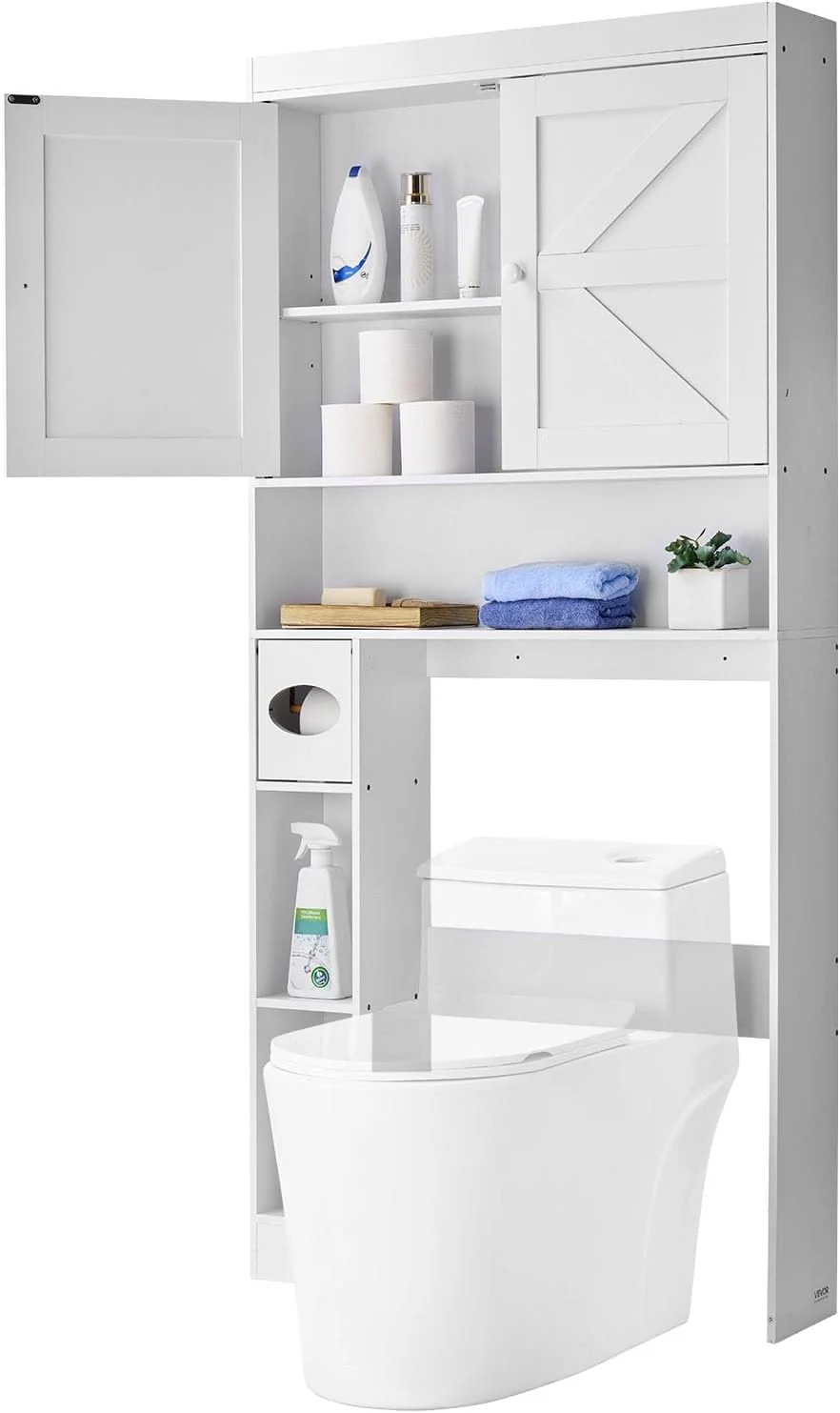 Over The Toilet Storage Cabinet, White Wood with Open Shelf - Image 2