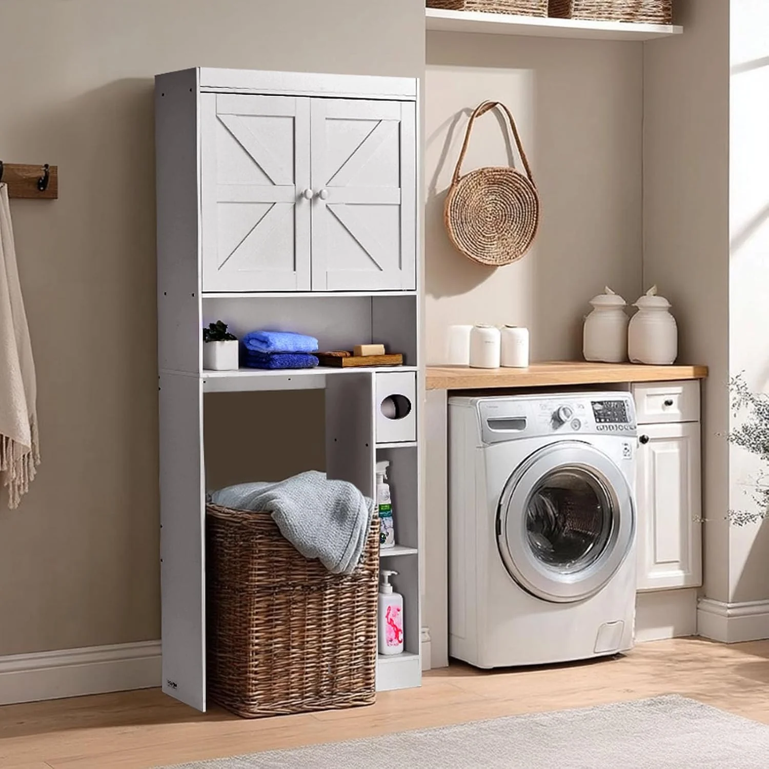 Over The Toilet Storage Cabinet, White Wood with Open Shelf - Image 5