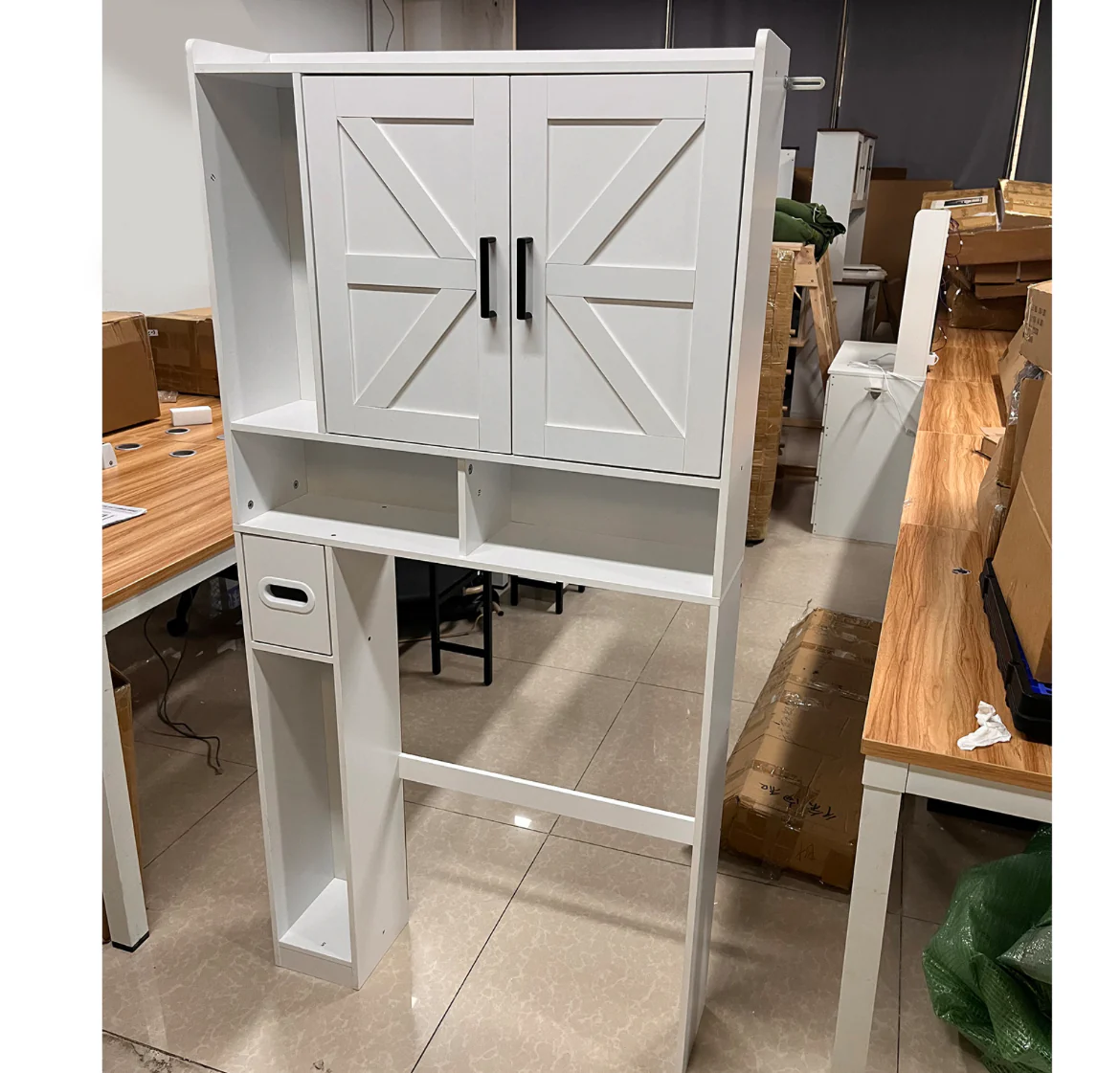 Over The Toilet Storage Cabinet, White Wood with Open Shelf - Image 8