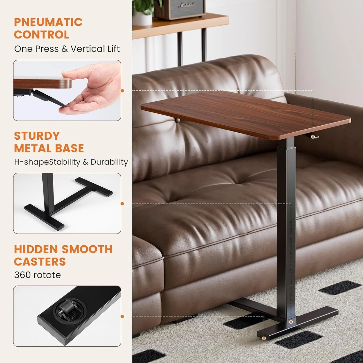 Overbed Bedside Table with Wheels, Adjustable Hospital & Home Use Bed Table, Rust - Image 3