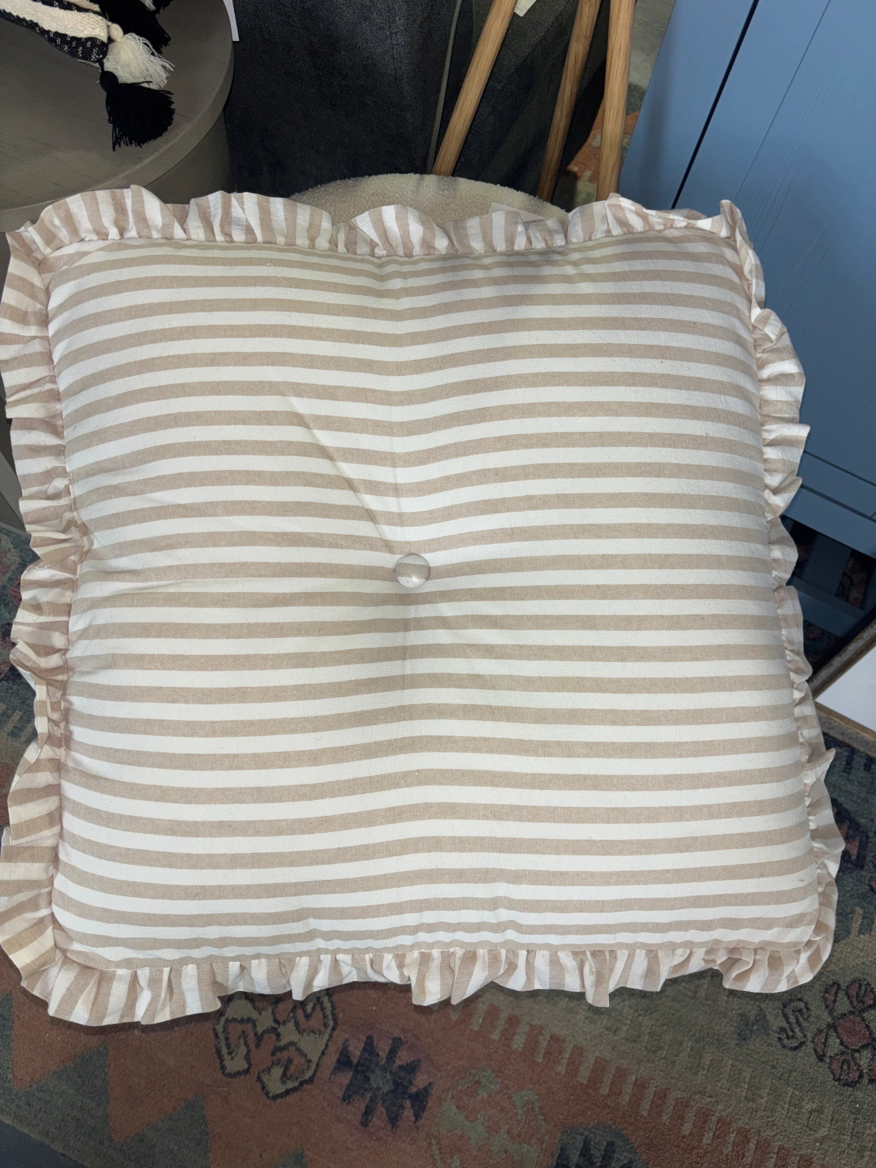 Oversized Square Stripe Pillow with Ruffle Trim Natural/White SHOWROOM ITEM - Image 2