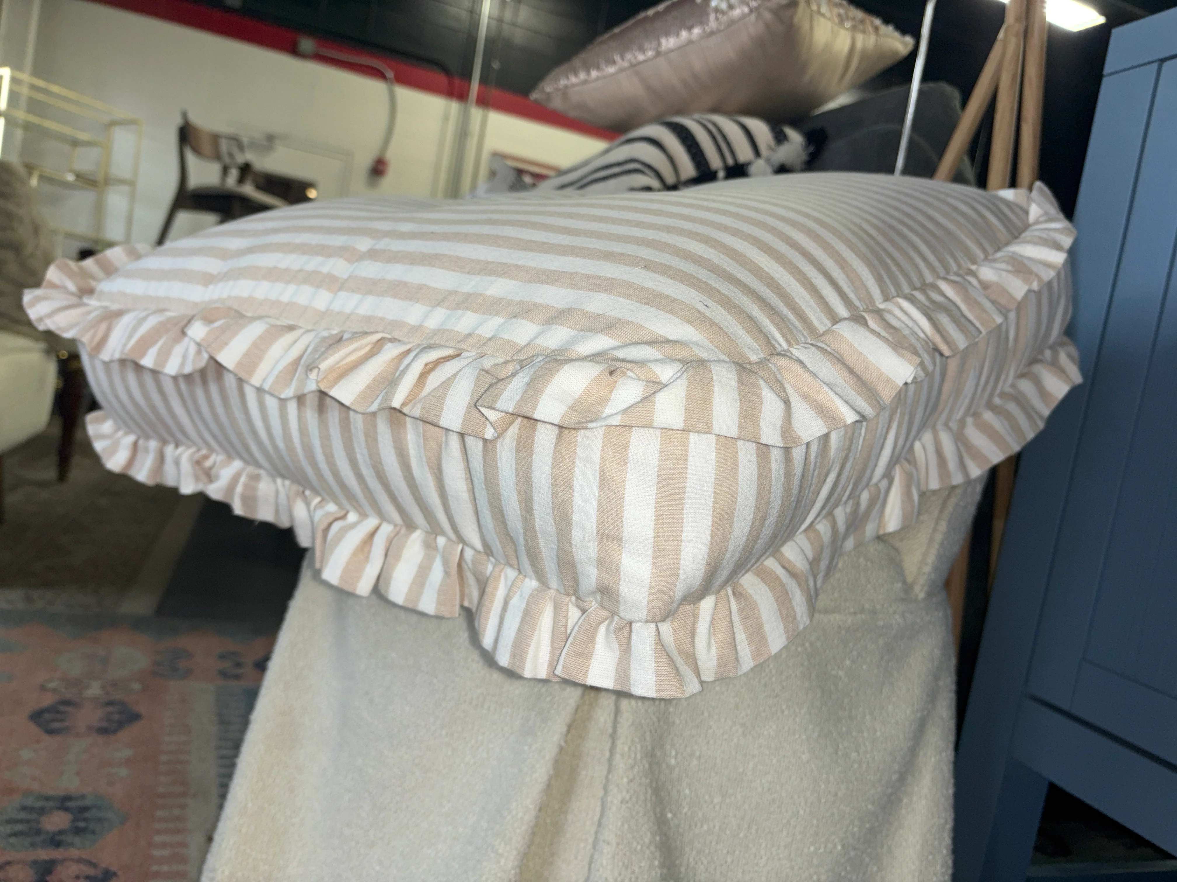 Oversized Square Stripe Pillow with Ruffle Trim Natural/White SHOWROOM ITEM - Image 3