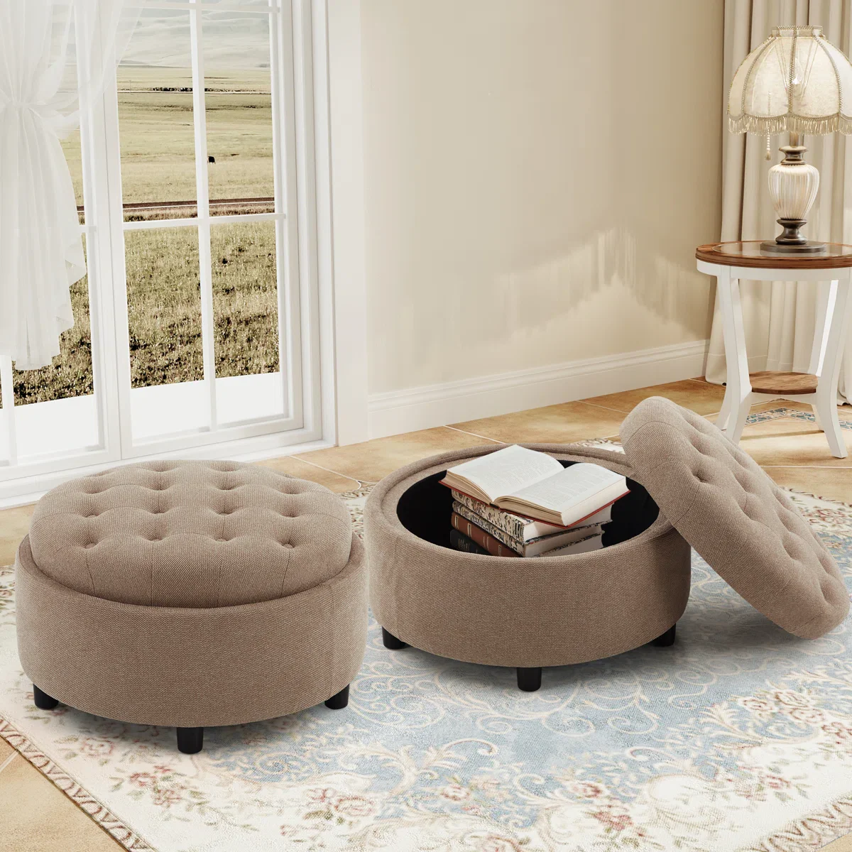 Oversized Upholstered Round Storage Ottoman with Reversible Tray Lid (Set of 2) - Image 2