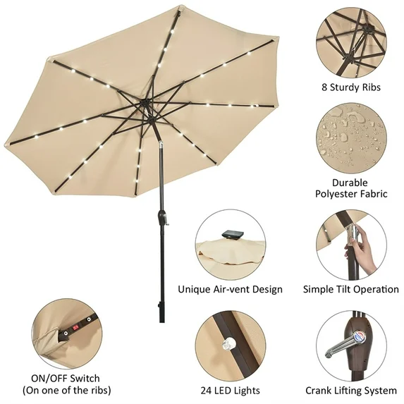 Patio Solar Umbrella LED Patio Market Steel Tilt Beige - Image 2