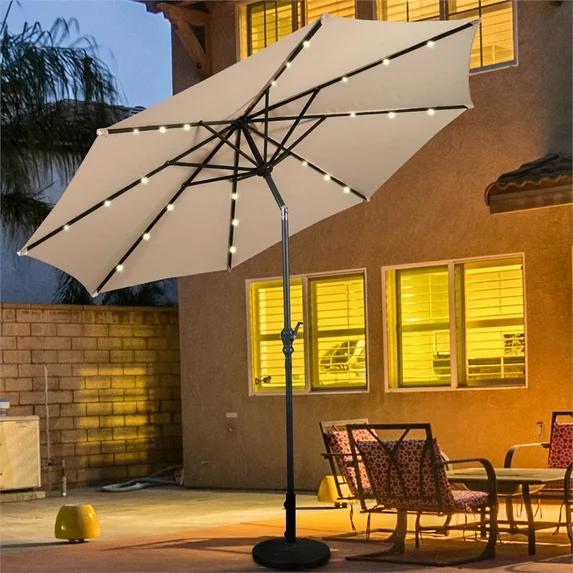 Patio Solar Umbrella LED Patio Market Steel Tilt Beige - Image 5